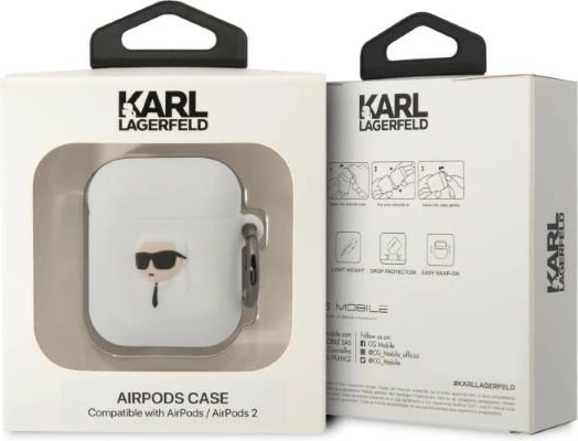 Mbështjellës Karl Lagerfeld KLA2RUNIKH për AirPods 1/2, silikon, i bardhë, me unazë