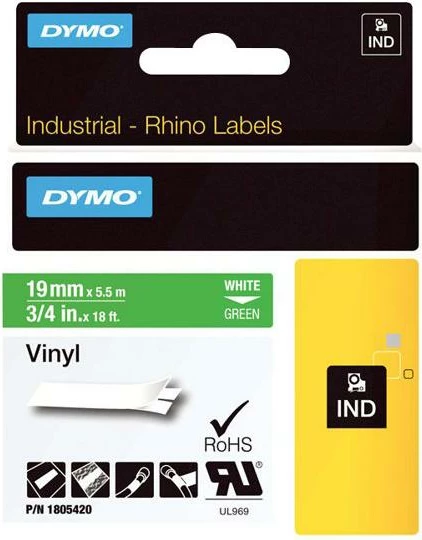 Shirit etiketues Dymo Rhino Coloured Vinyl 1805420 vinyl, për përdorim brenda/jashtë, bardhë/jeshile