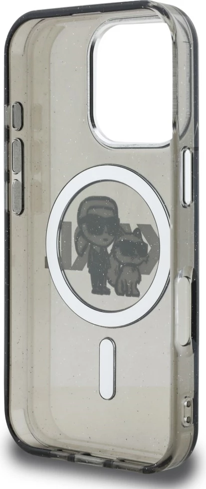 Mbështjellës MagSafe Karl Lagerfeld IML Glitter Karl & Choupette Sketch Logo për iPhone 16 Pro, i zi, në kuti
