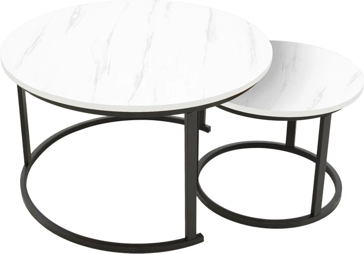 Set tavolinash kafeje Revelon, pamje mermeri të bardhë, këmbë të zeza, 80x80x45cm