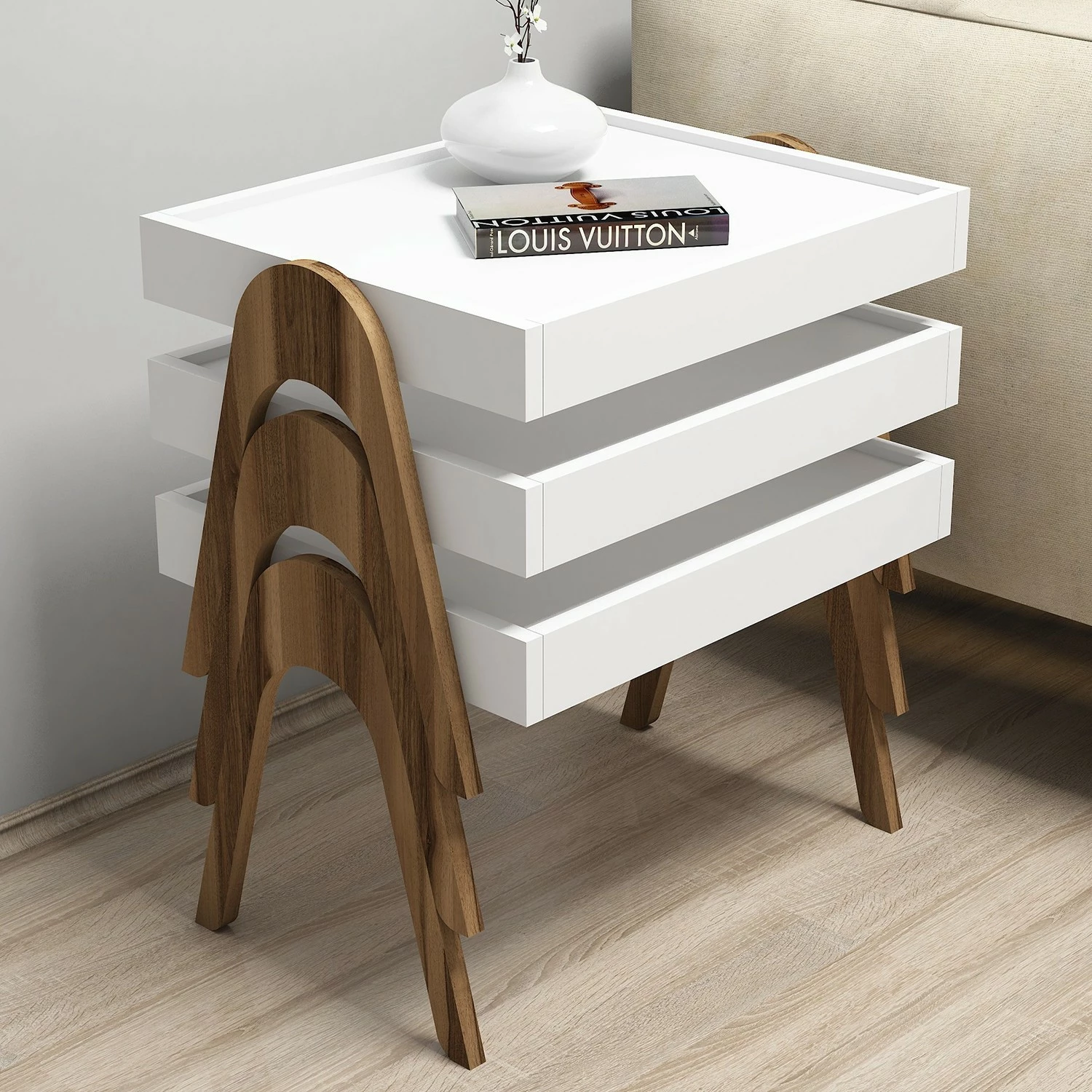 Set tavolinash ndihmëse, 3 copë, Hanah Home Roma, ngjyrë arre dhe e bardhë