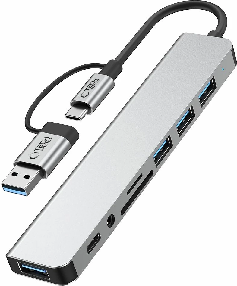 HUB adapter Tech-Protect HB06 8-në-1, Type-C + USB2.0 + USB3.0 + SD/TF + AV3.5, Gri