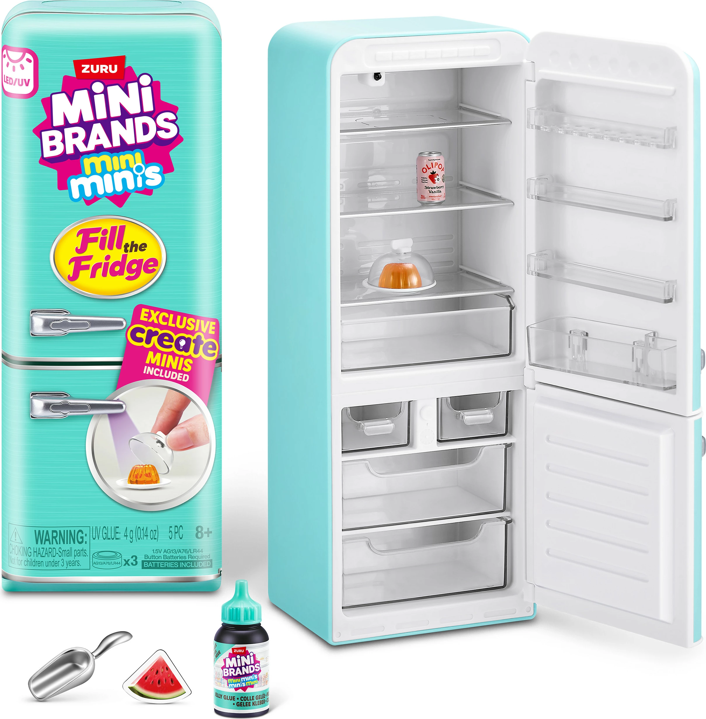 Set lodrash frigorifer mini ZURU Mini Brands Fill The Fridge, me dritë UV, 3 bateri, shumëngjyrësh
