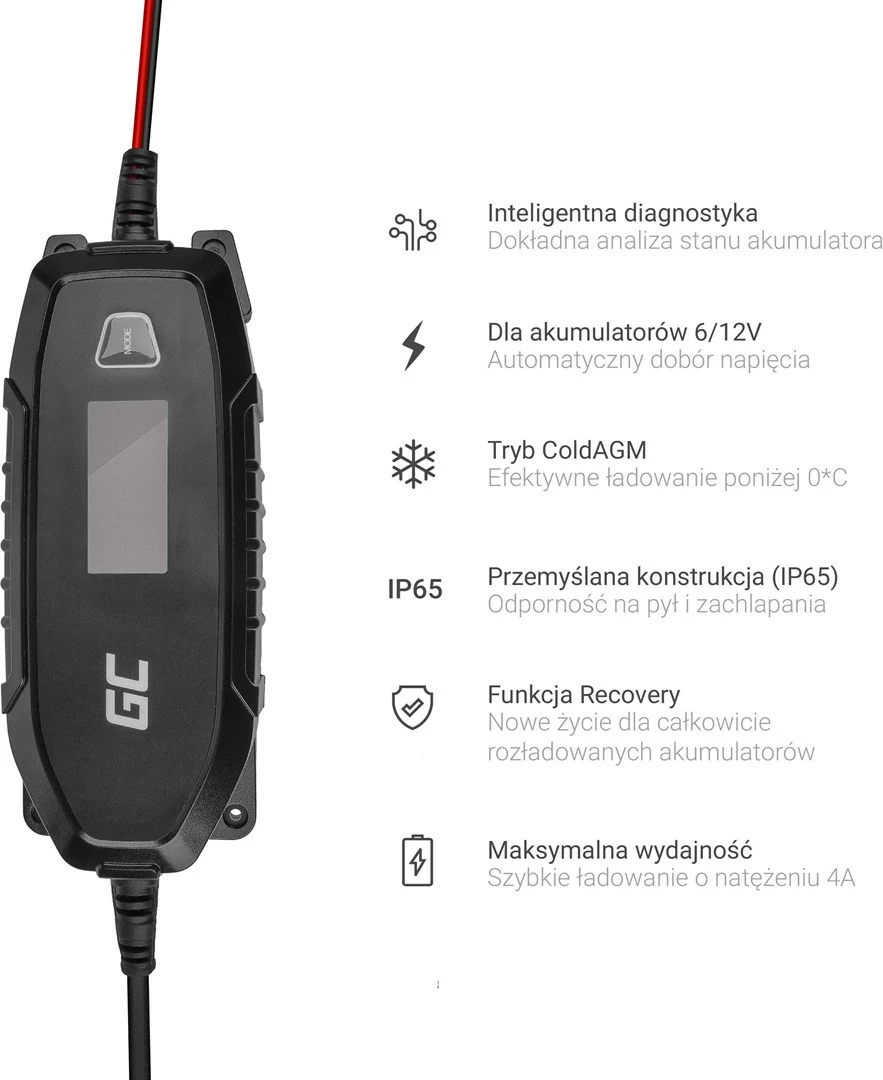 Karikues Green Cell për akumulatorë 6V 12V 4A me funksion diagnostikimi 6/12 V i zi