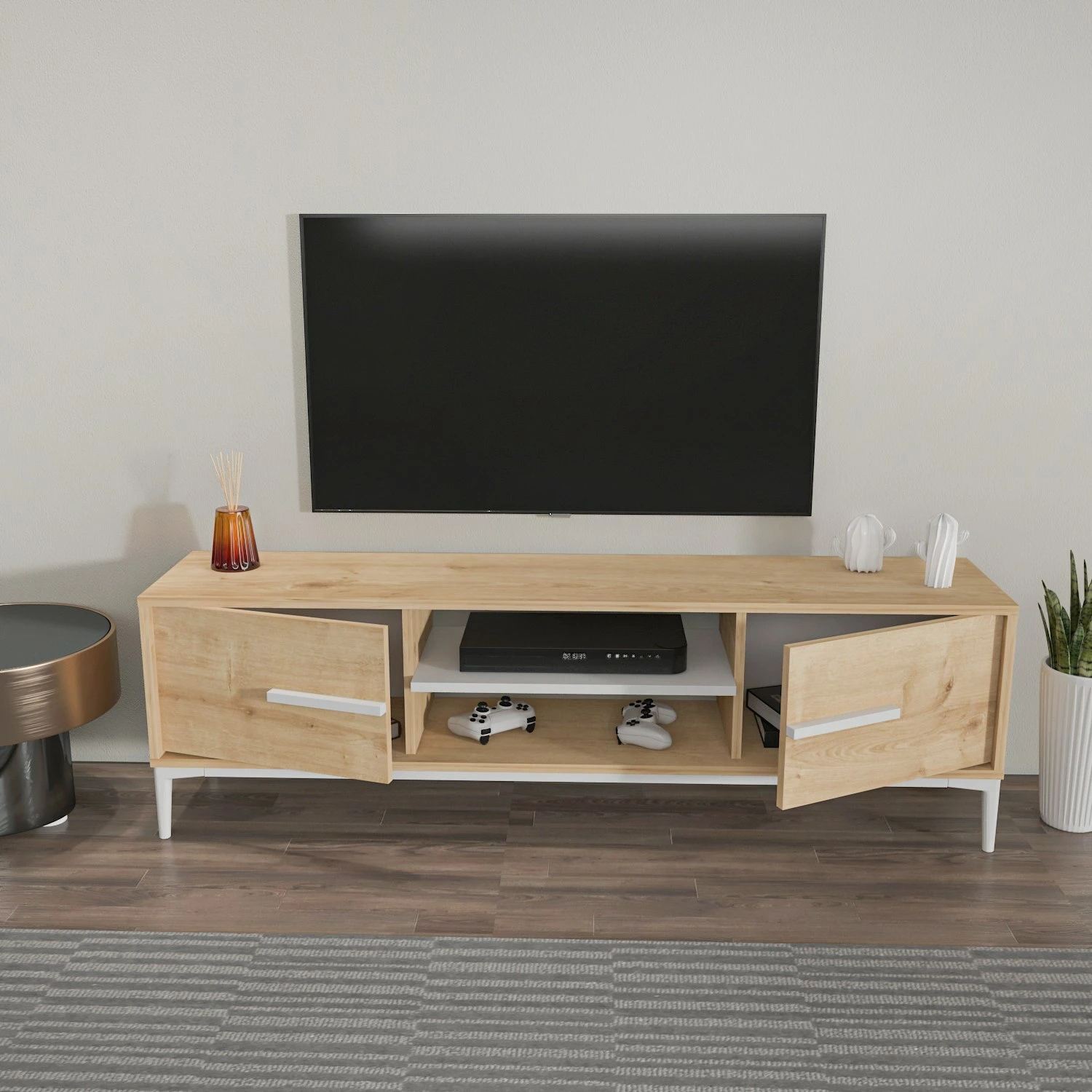 Komodë TV Hanah Home, Eslem, ngjyrë lis dhe e bardhë