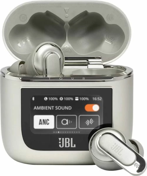 Kufje JBL Tour Pro 2 TWS pa kabllo me mikrofon, ANC adaptiv, kuti karikimi smart me ekran, Bluetooth 5.3, 40 orë, Champagne