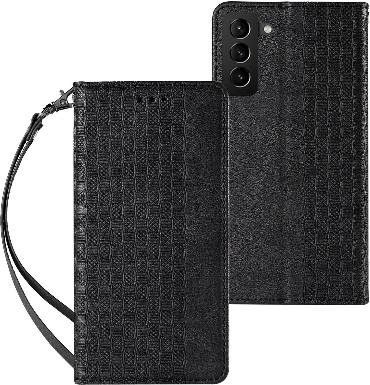 Mbështjellës Hurtel Magnet Strap Case për Samsung Galaxy S22+, me portofol, litar dore, e zezë