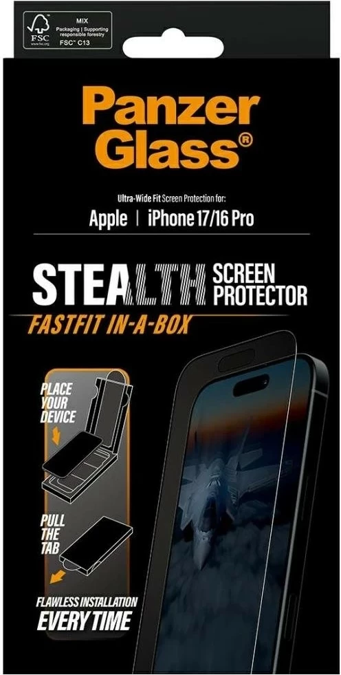 Xham mbrojtës PanzerGlass Stealth Ultra-Wide Fit Fastfit për iPhone 16 Pro/17, transparent