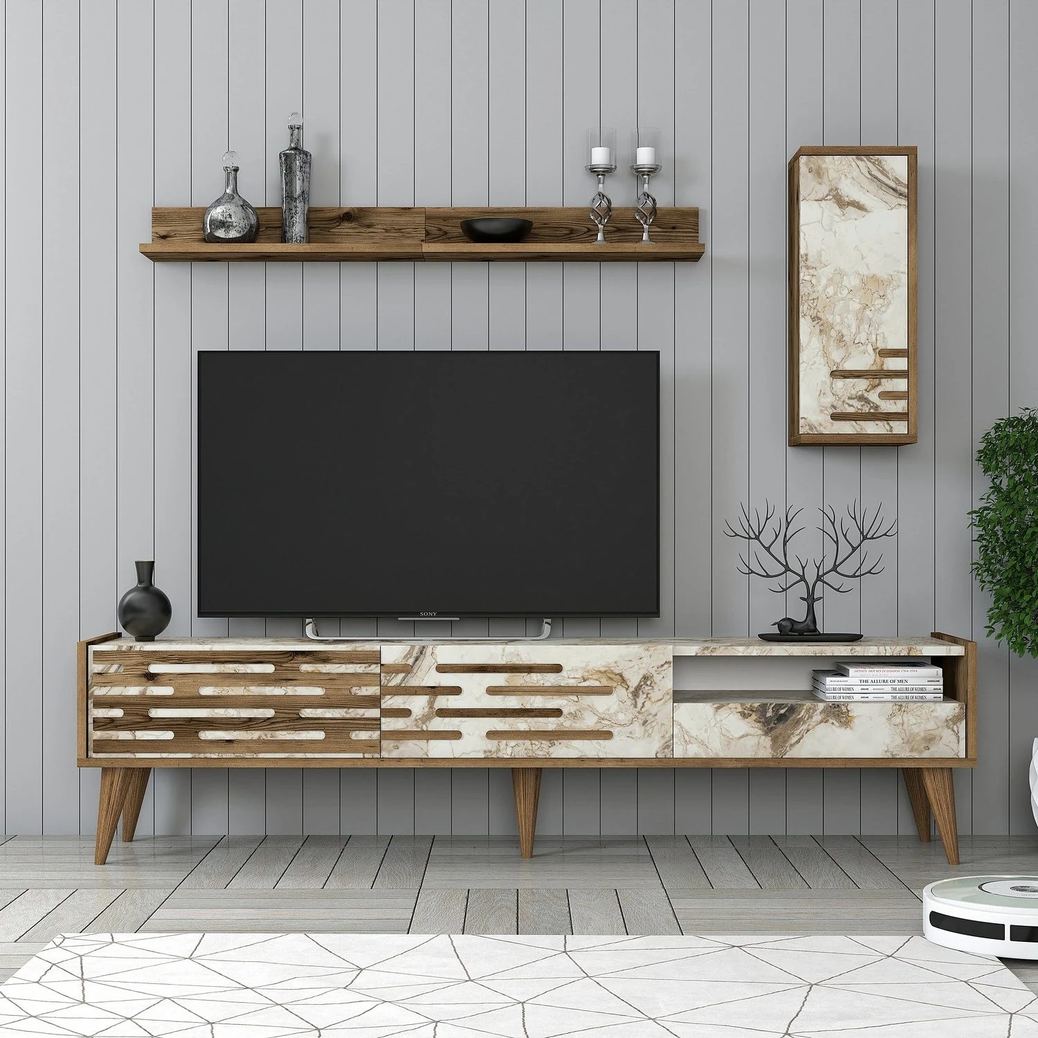 Njësi TV, ngjyrë arre, e bardhë, mermer, Valensiya, Skye Decor