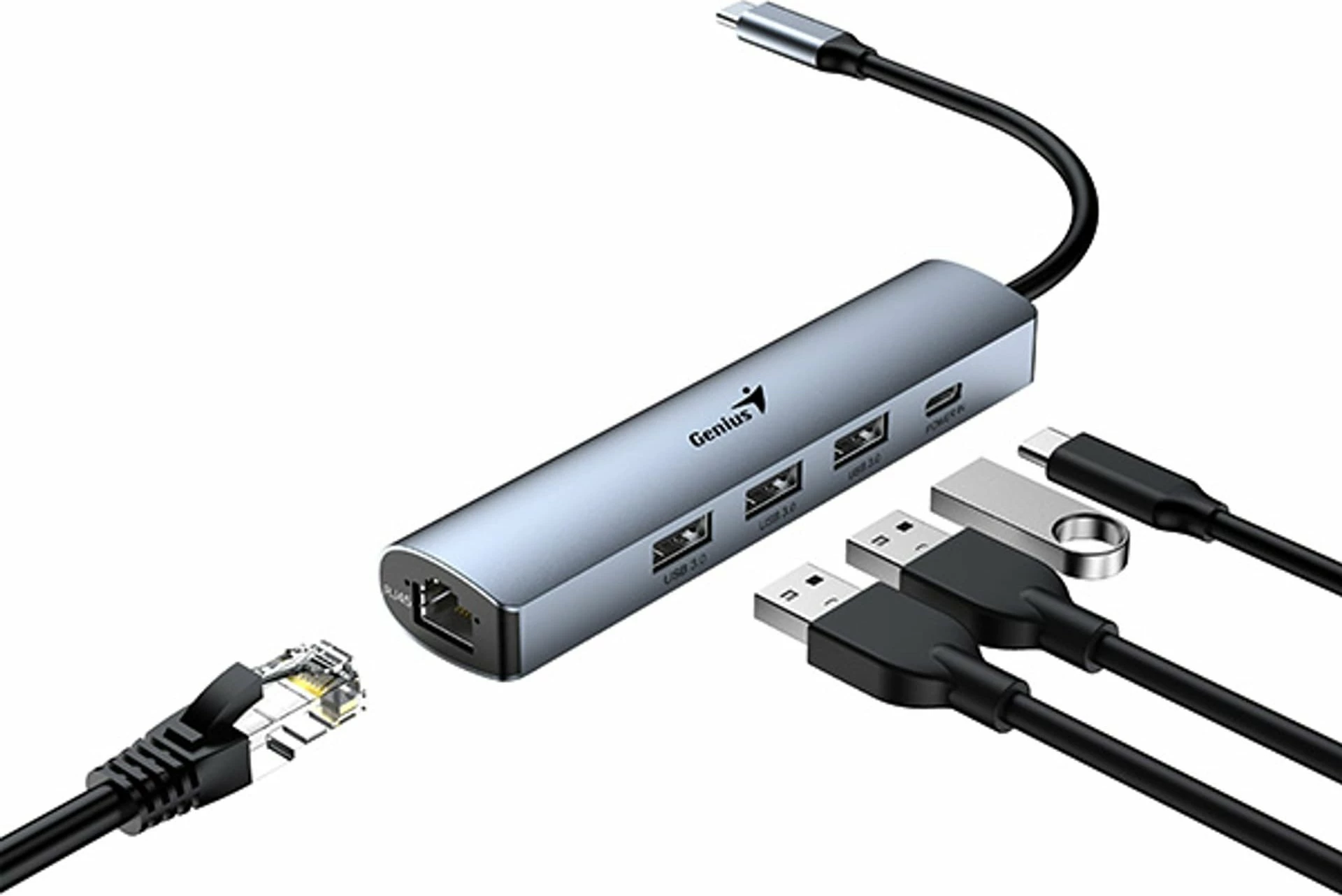 Hub USB-C Genius UH-545, 4 porta (3x USB 3.0, 1x RJ45), gri