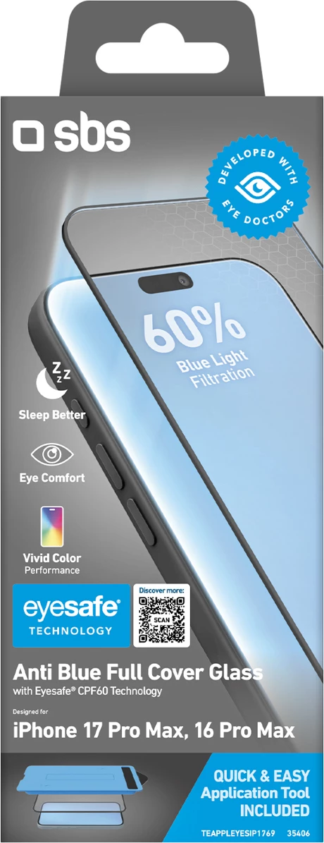 xham i temperuar mbrojtës ekrani SBS Eyesafe CPF60, filtrim 60% dritë blu, për iPhone 17 Pro Max/16 Pro Max, me aplikator, set