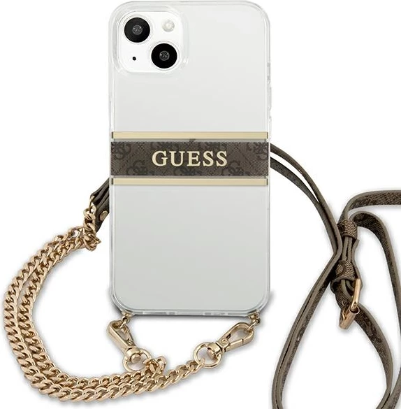 Mbështjellës Guess GUHCP13SKC4GBGO për iPhone 13 mini 5.4", transparent, rrip kafe, zinxhir ari