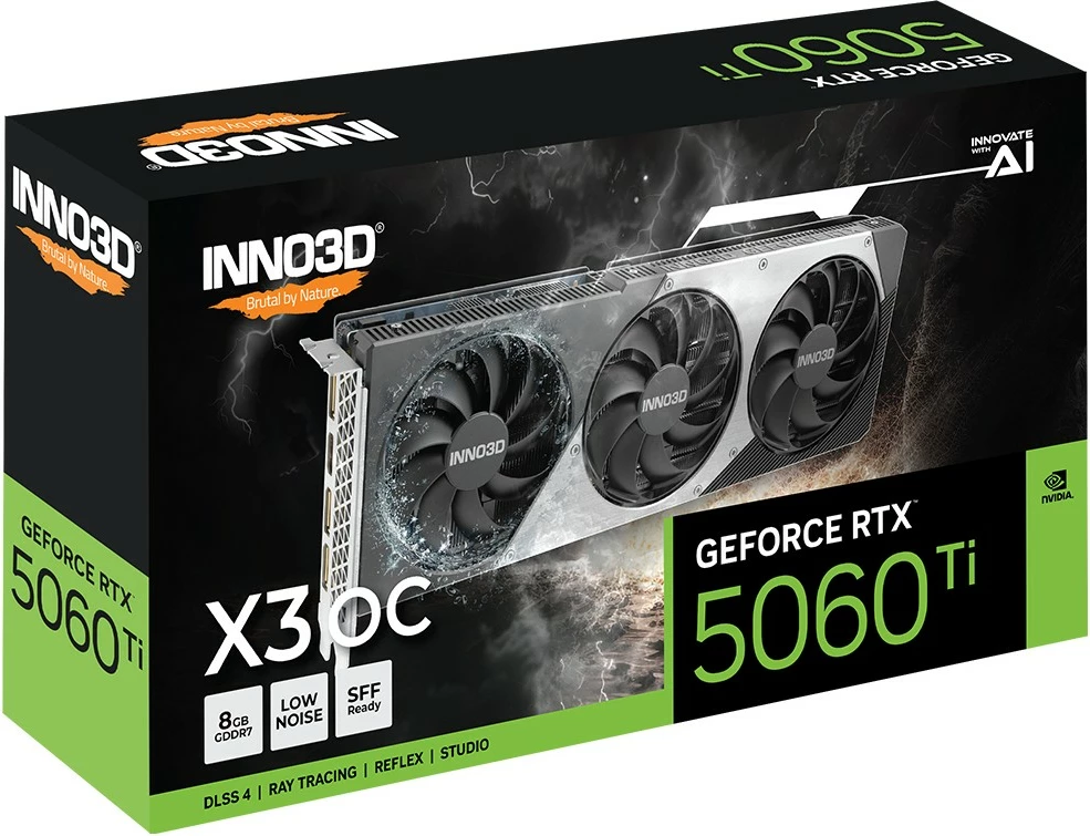 Kartelë grafike Inno3D RTX 5060 Ti Twin X3 OC, 8GB GDDR7, 3 fan, e zezë/gri