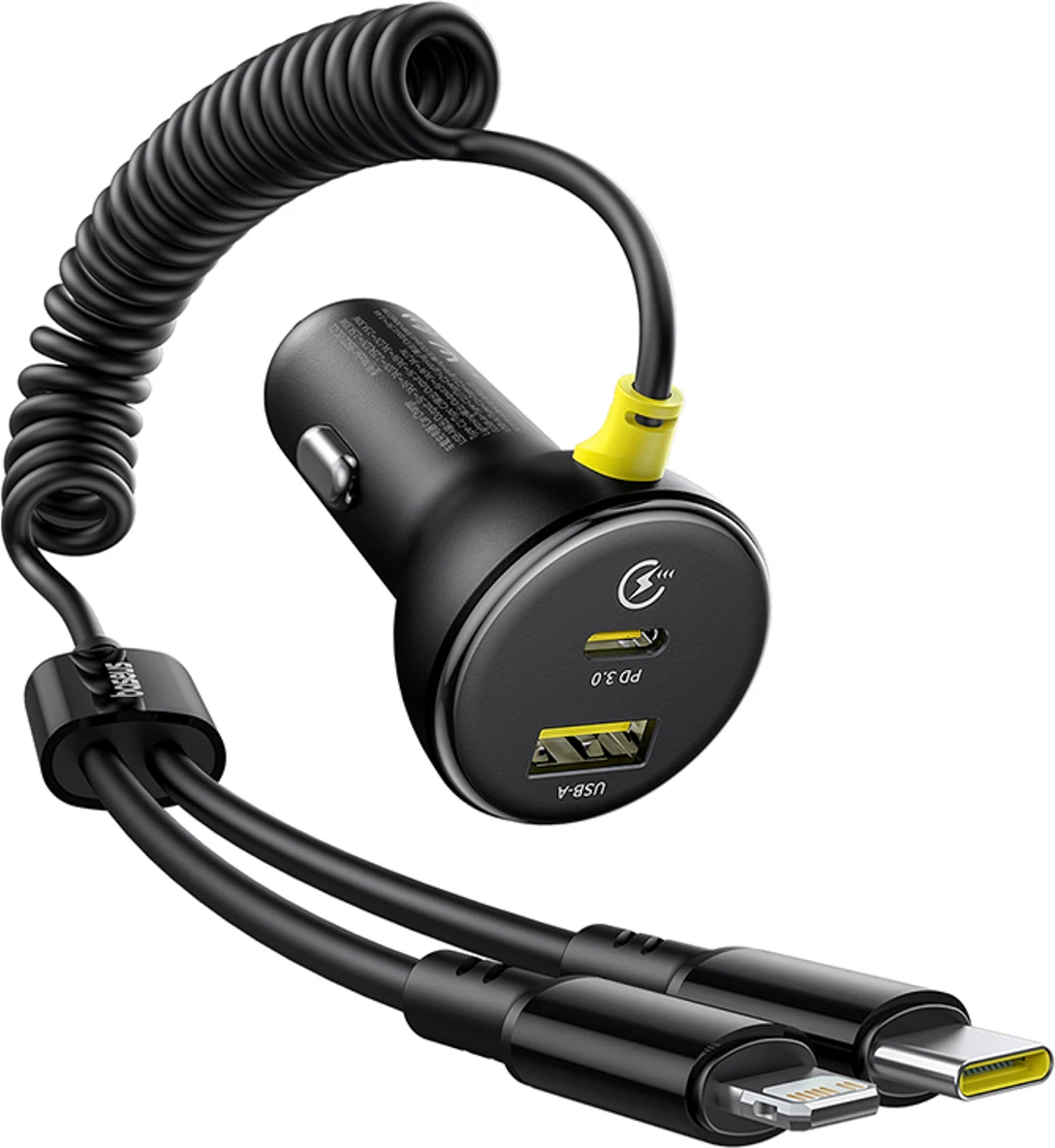 Karikues veture Baseus Circular, 60W, USB-A + USB-C, kabllo e integruar Lightning + USB-C 1.4m, e zezë