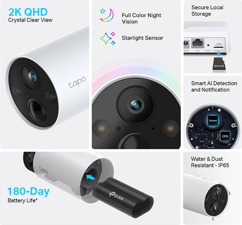 Kamerë sigurie TP-Link Tapo, sistem pa kabllo 1 kamerë me hub, 2K QHD, Wi-Fi, IP65, bateri, audio 2-drejtimësh, e bardhë