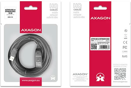 Kabllo zgjatëse USB Axagon ADR-210, USB 2.0, USB-A në USB-A, 10 m, e zezë