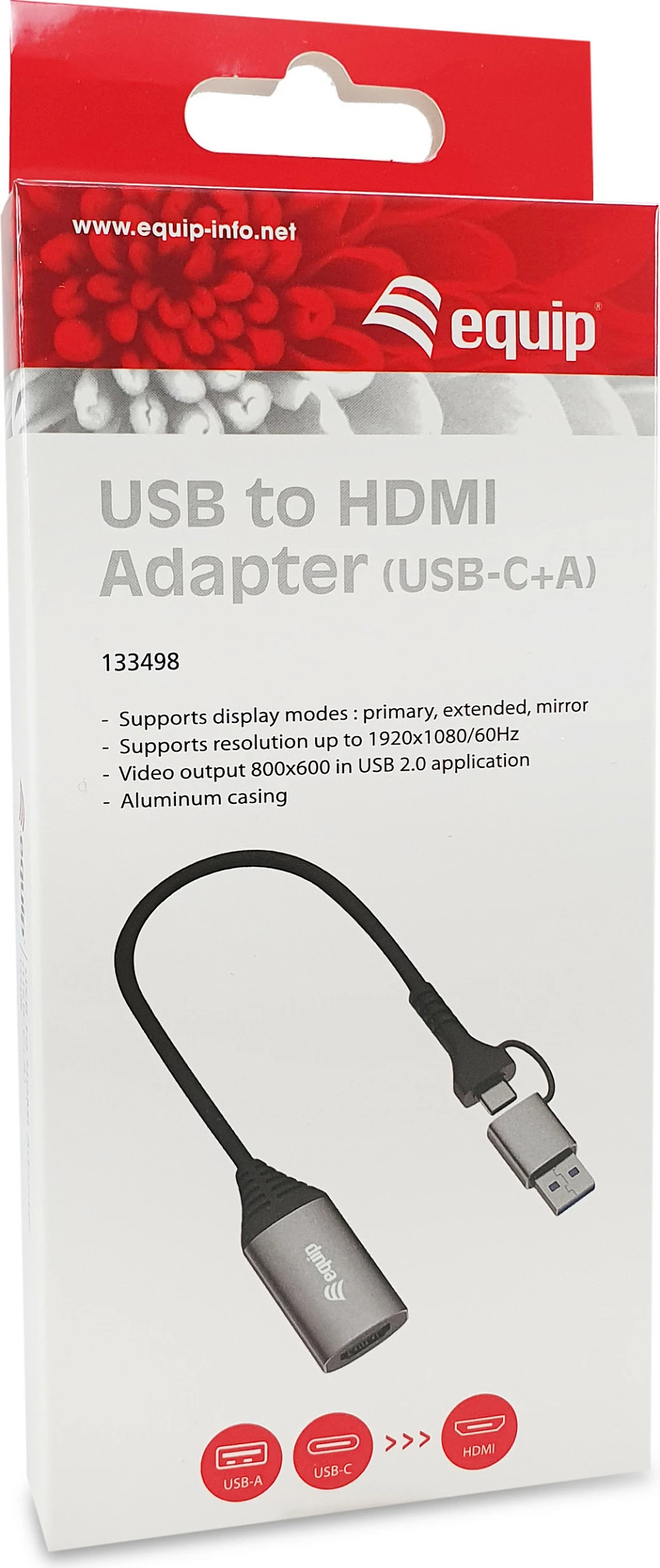 Adapter USB në HDMI Equip 133498, USB-C + USB-A, 1080P, gri