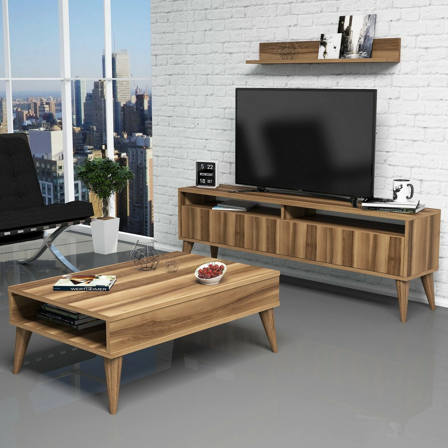 Set mobiljesh për dhomë dite, stil skandinav, ngjyrë arre, Hanah Home, Best