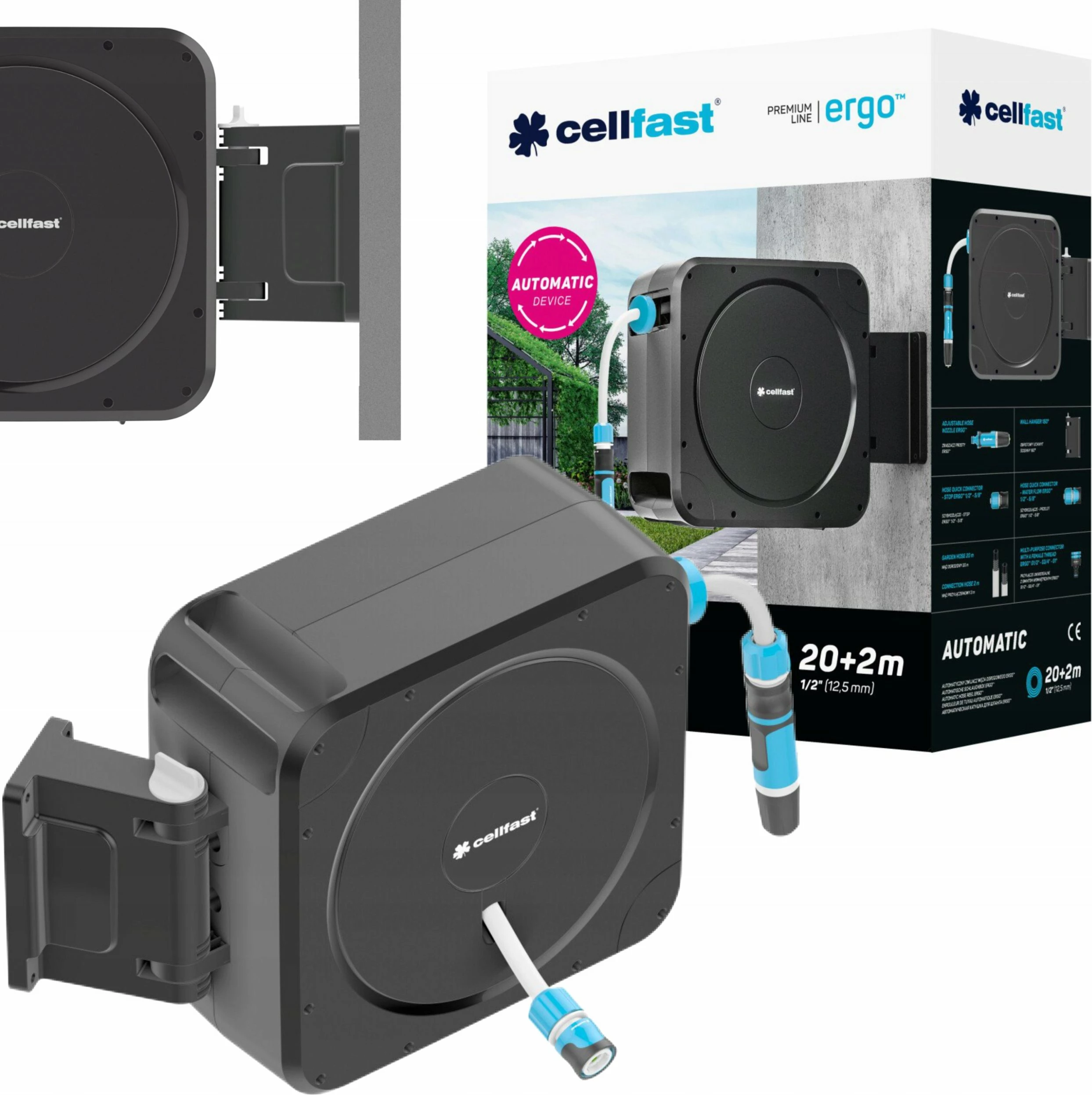 Bobinë automatike për zorrë kopshti Cellfast Ergo C55-410, 20 m, 1/2" (12.5 mm), montim në mur