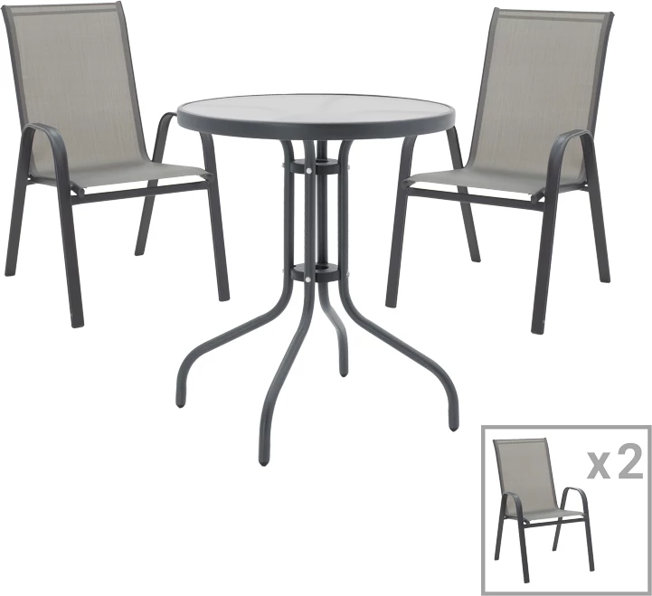 Set tavoline me karrige, 3 pjesë, ngjyrë gri, metal dhe xham i kalitur, D60x70cm