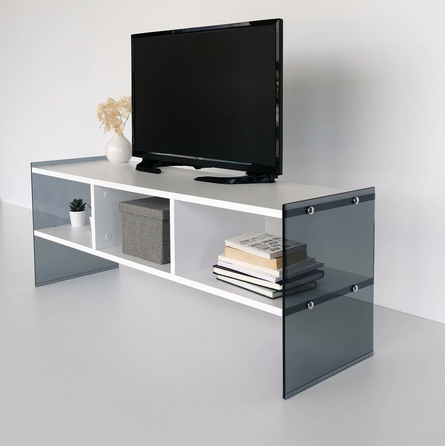 Komodë TV Skye Decor, TV401, e bardhë dhe fume
