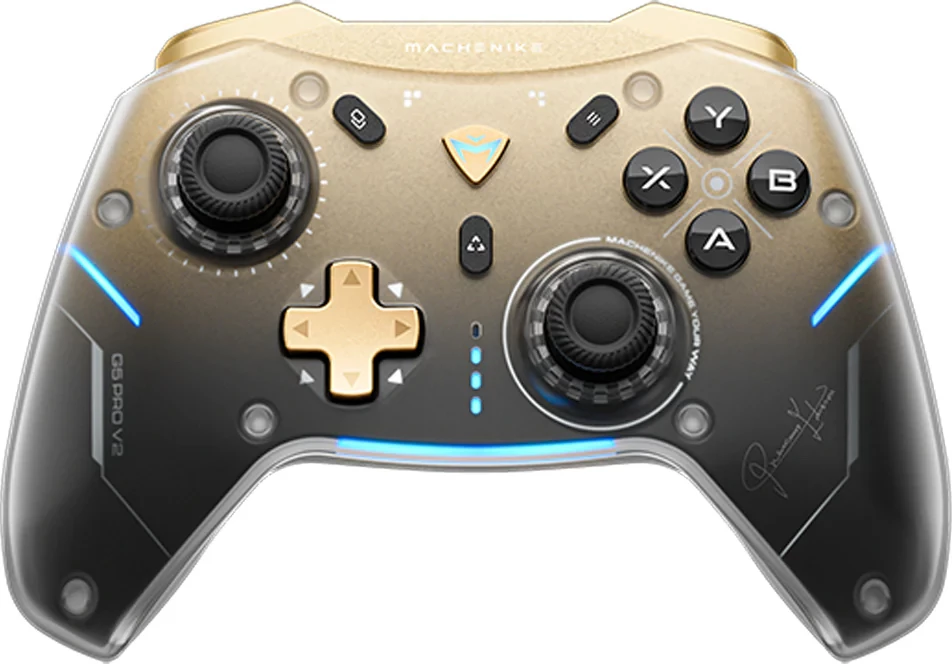 Kontroller lojërash wireless Machenike G5Pro Premium Edition, 2.4GHz/Bluetooth/USB, bateri 600mAh, me stacion karikimi RGB, i zi/ari