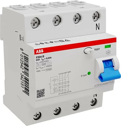 Ndërprerës diferencial ABB F204B-63/0,03, 4P, 63A, 30mA, gri