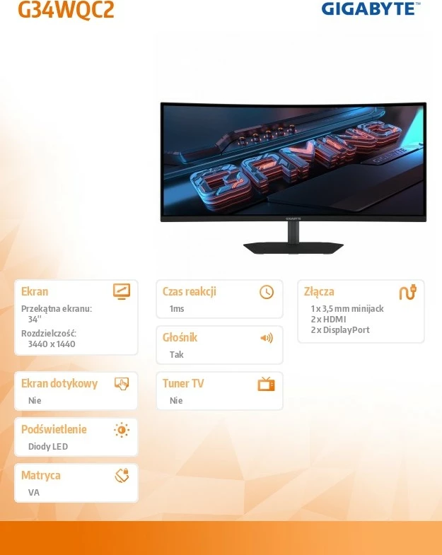 Monitor Gigabyte G34WQC2 34\" WQHD 3440x1440 200Hz VA i lakuar 1500R 2xDP 2xHDMI, i zi