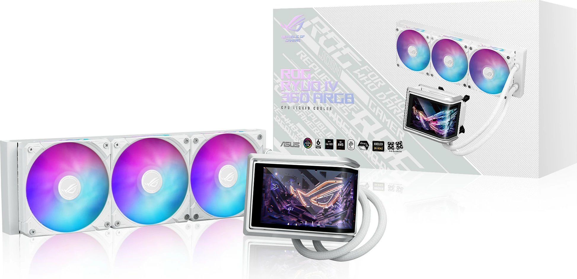 Ftohës uji AIO ASUS ROG RYUO IV 360 ARGB, 3x120mm, ekran AMOLED 6.67", i bardhë
