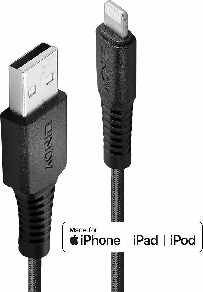 Kabllo USB-A në Lightning Lindy 31290, 0.5 m, e përforcuar, e zezë