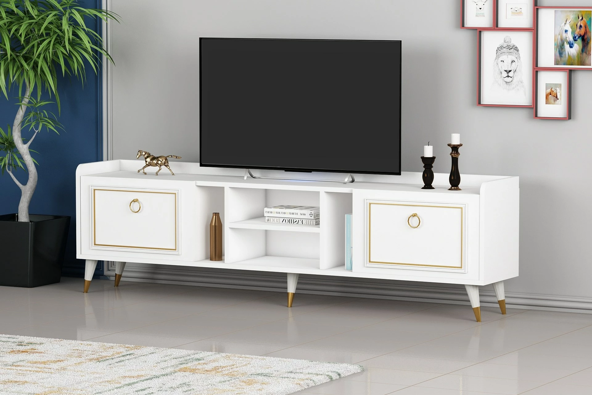 Komodë TV Hanah Home, Rudy v2, e bardhë dhe ari