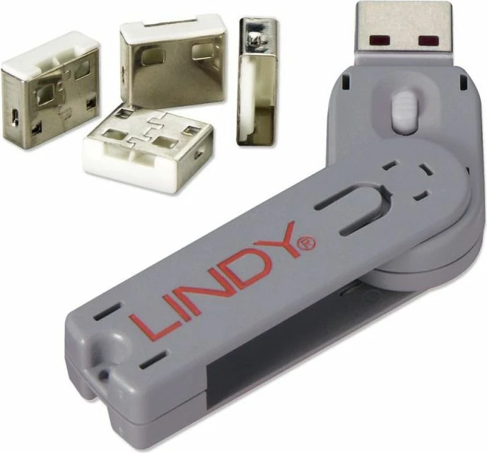 Bllokues porte USB Lindy 40454, me çelës, set 4 copë, i bardhë