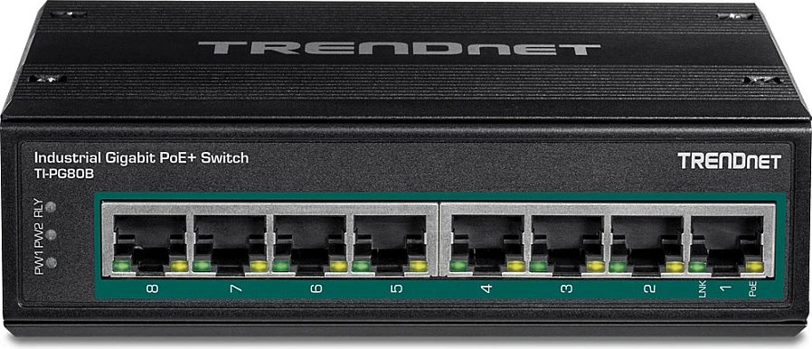 Switch industrial TRENDnet TI-PG80B, 8x Gigabit PoE+ (200W), DIN-rail/Wall, IP30, i zi
