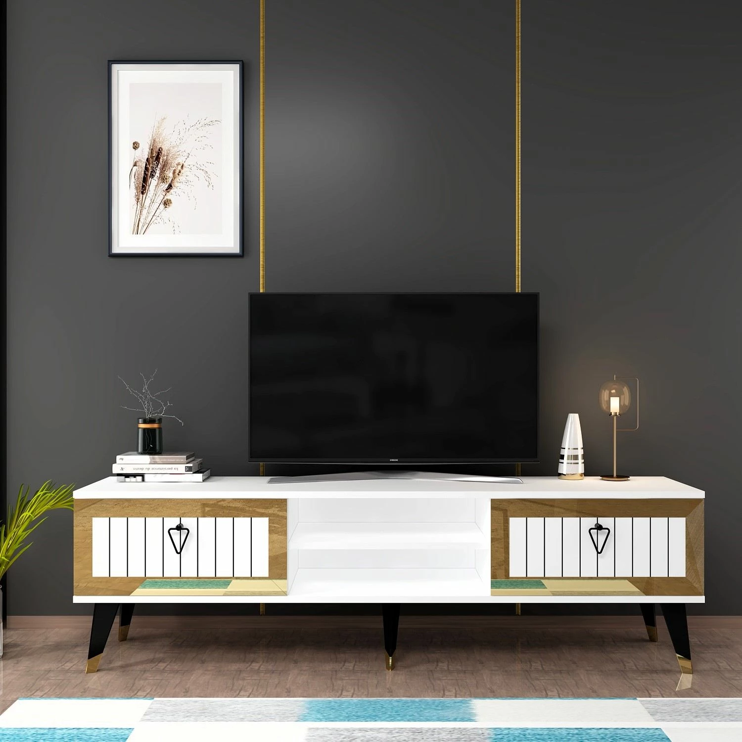 Komodë për TV Skye Decor, Lidya, e bardhë dhe ari