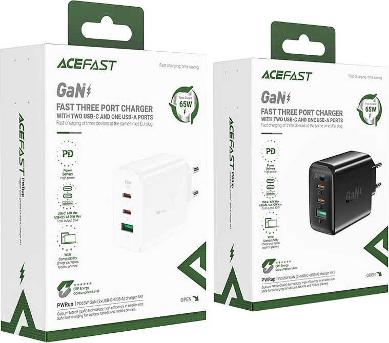 Karikues i shpejtë murit Acefast A41, 65W, 2x USB-C / USB-A, i zi