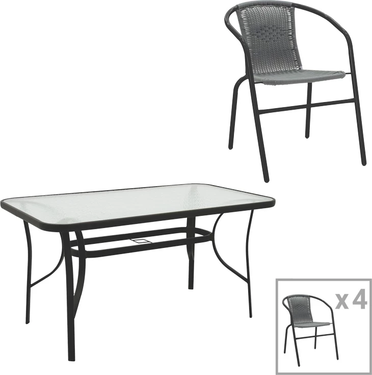 Tavolinë me karrige Obbi-Ensure, 5 copë, metal-xham, ngjyrë e zezë, 140x80x70cm