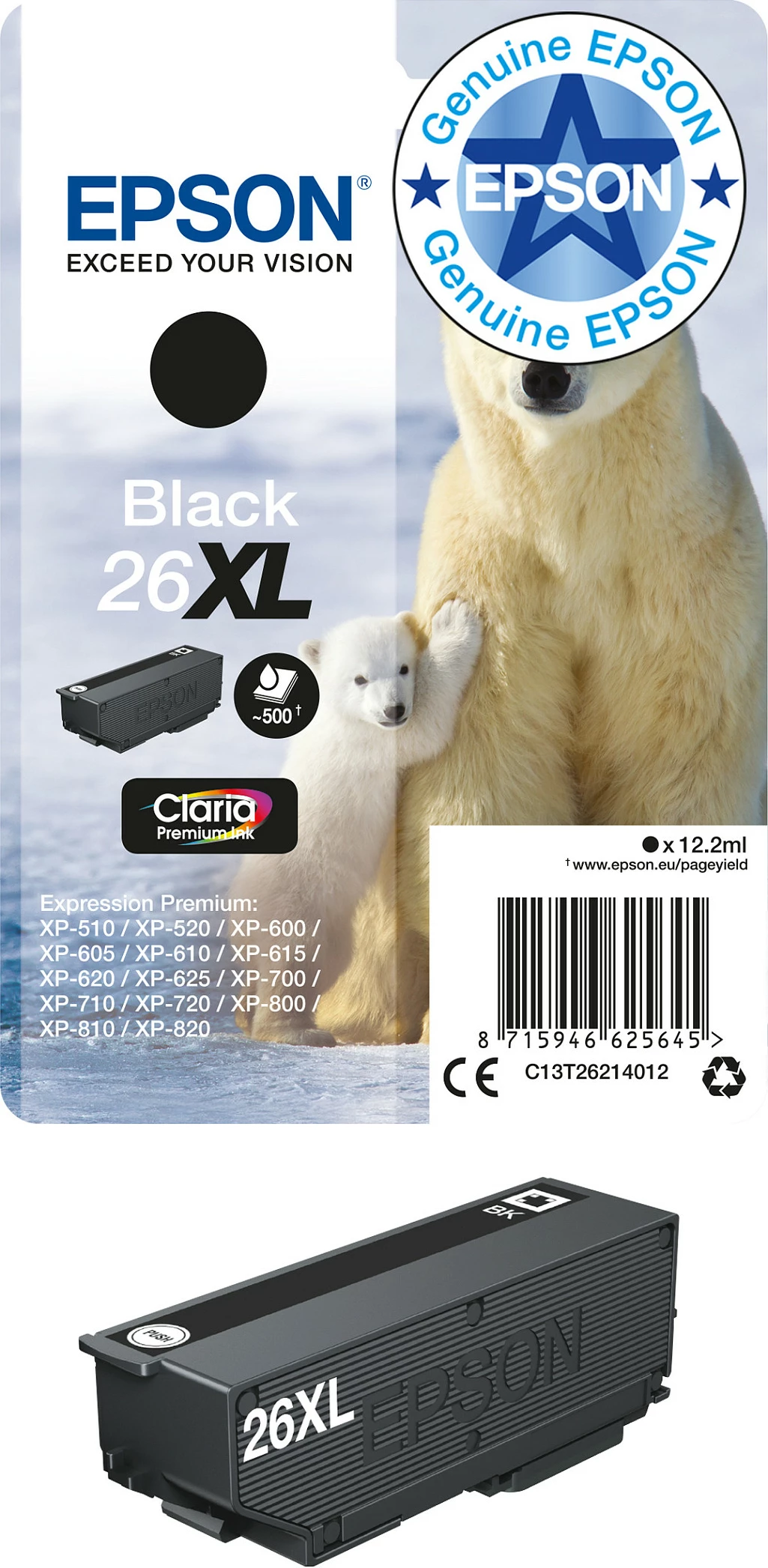 Toner Epson Singlepack Black 26XL, High Yield, 12.2 ml, 500 faqe, e zezë