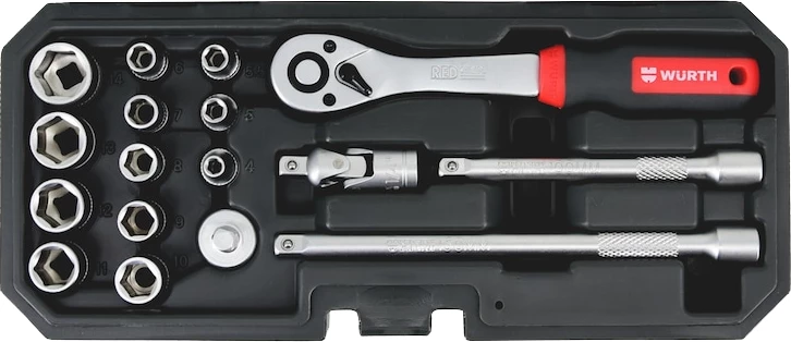 Set arpion me çelësa kokë, Würth, Redstripe, 1/4", 6 këndore, 17copë