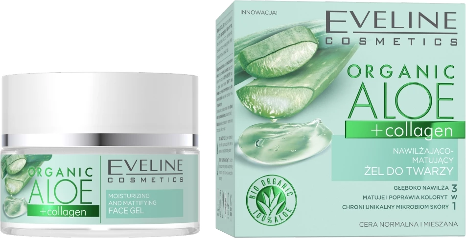 Xhel për fytyrë për femra Eveline Cosmetics Organic Aloe + Collagen, 50ml