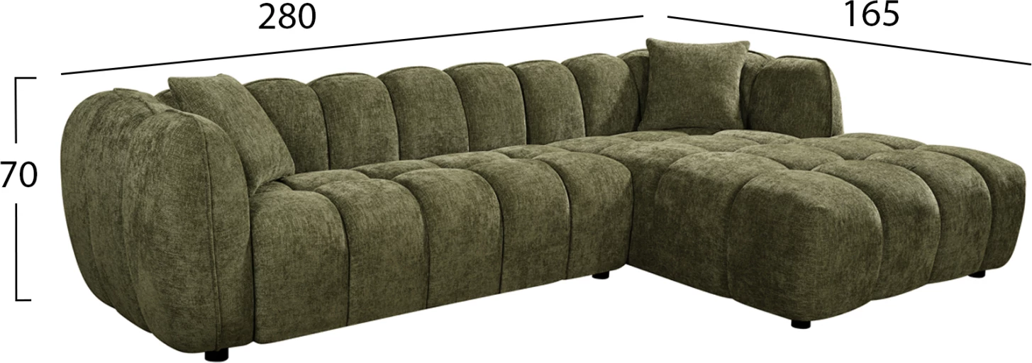 Këndare e djathtë LYKKE, material jeshil, FH3326.03R, 280x89-165(chaise)x70cm