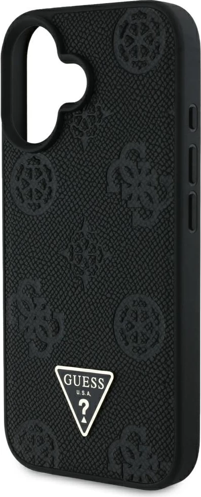 Mbështjellës Guess Grained Hot Stamp Peony Triangle Logo MagSafe për iPhone 16, i zi