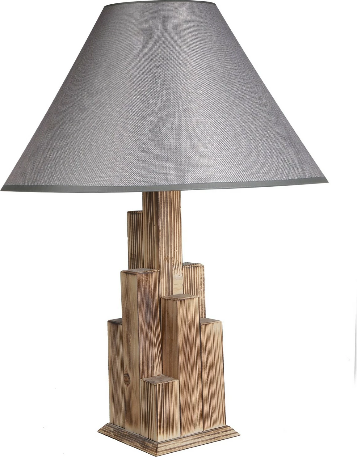 Llambë tavoline Opviq, trup druri, abazhuri gri, Kule Yanık Ahşap Pramit Hasır