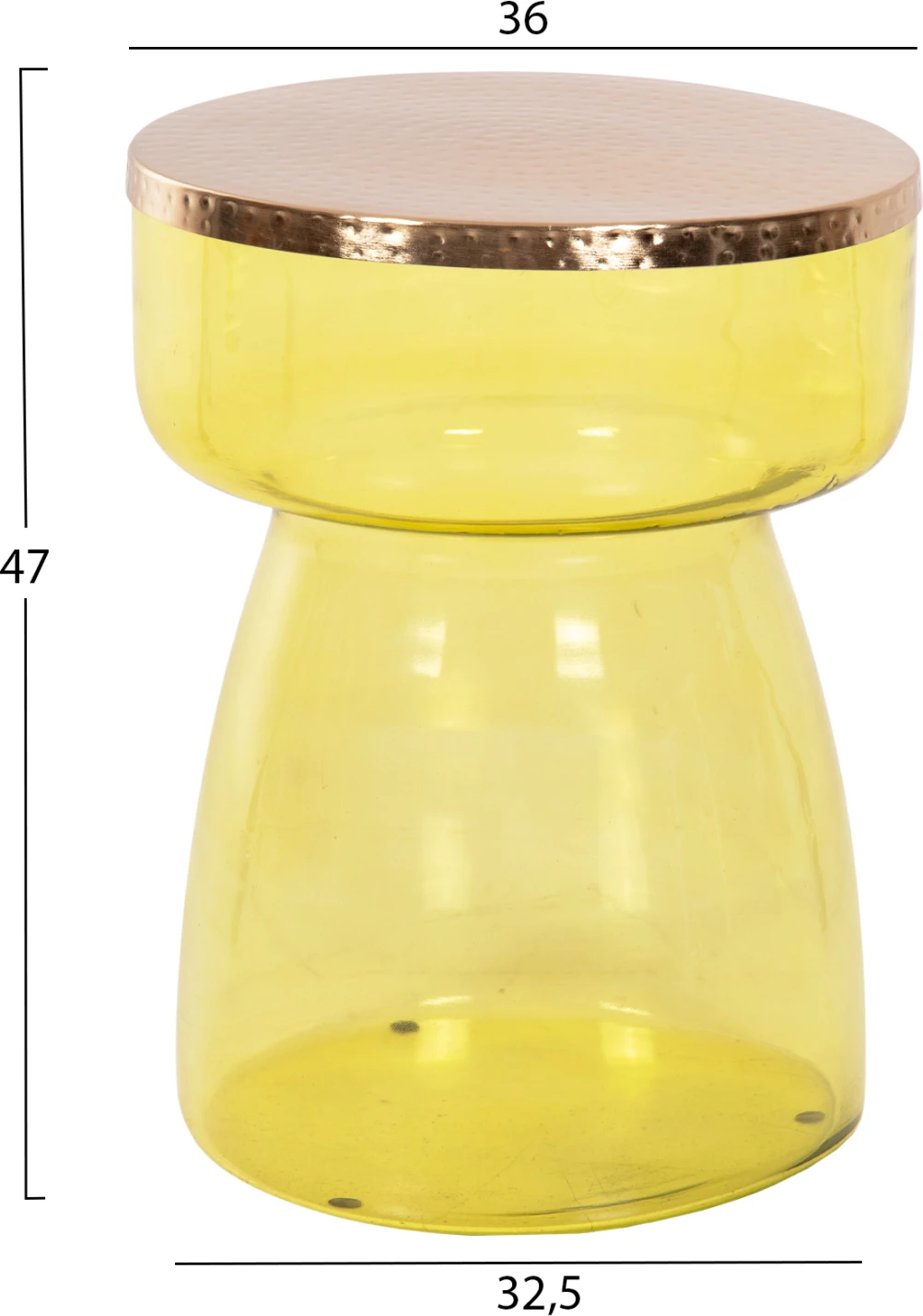 Tavolinë anësore RANE, bazë qelqi e gjelbër e lehtë, sipërfaqe metalike në ar, Φ36x47H cm