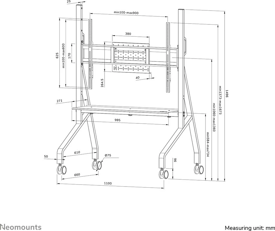Karrocë multimediale Neomounts FL50-525WH1, për TV 55-86", çelik, e bardhë, rregullim lartësie