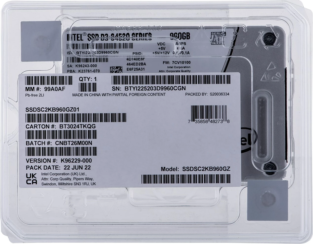Disk i bendshëm D3 SSDSC2KB960GZ01, 2.5", 960 GB, Serial ATA III TLC, 3D NAND