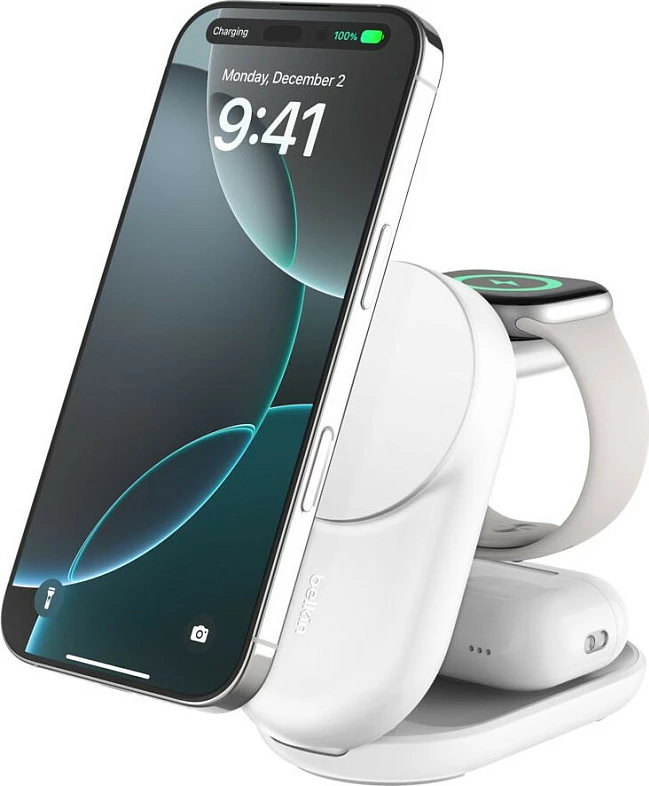 Karikues wireless Belkin Qi2 3-në-1, 25W, USB-C, kabllo 1.5m, i bardhë