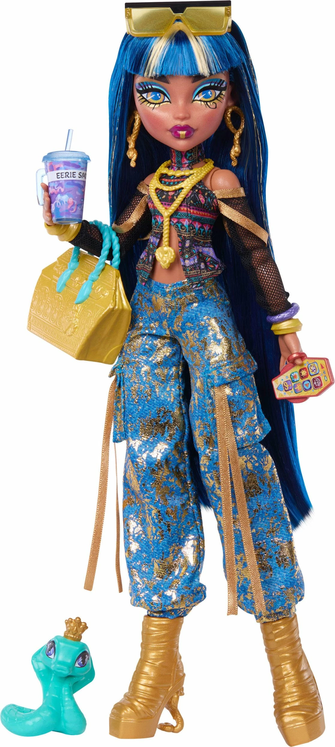 Kukull Mattel Monster High Cleo De Nile JHK32 28 cm, set me 7 aksesorë + gjarpër Hissette, shumëngjyrëshe