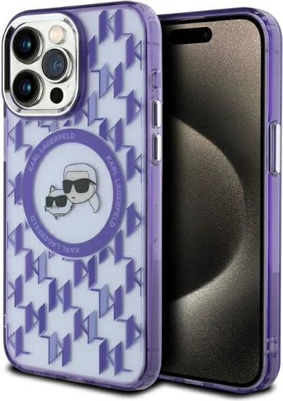 Mbështjellës Karl Lagerfeld IML Monogram Karl & Choupette Head MagSafe për iPhone 15 Pro, vjollcë