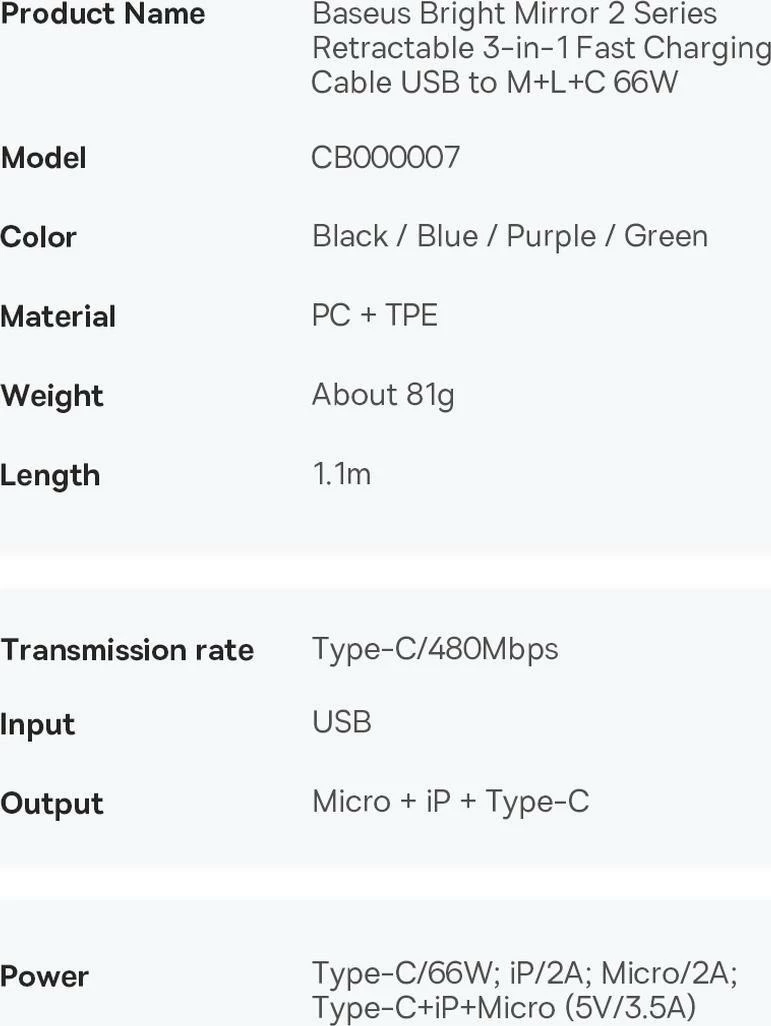 Kabllo USB Baseus Bright Mirror 2 CAMJ010101 3-në-1 retraktile 1.1 m 66W USB-A në USB-C/microUSB/Lightning, e zezë