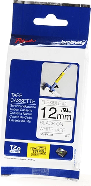 Shirit etiketa, Brother, TZe-FX231, 12mm 8m Flexible ID i laminuar, zi mbi të bardhë